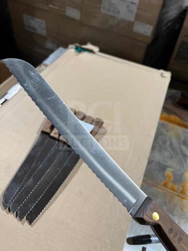 Dexter Russell Model 628 stainless steel bread knife with traditional wooden handle, visible as new condition.