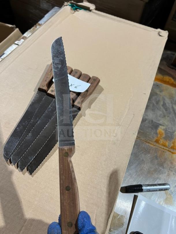 Dexter Russell Bread Knife, Model 628, stainless steel blade, traditional wooden grip handle, commercial use, set of six.