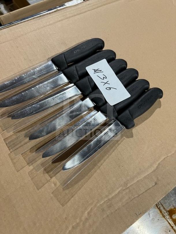 Dexter Russell Sani-Safe 3.25" paring knives, model S104B-PCP, stainless steel with black grip, set of six.