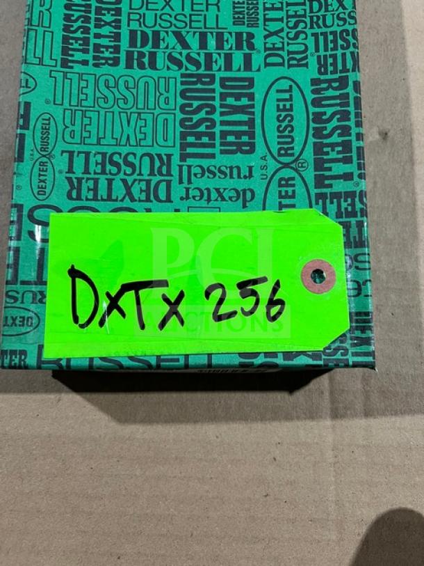 Dexter Russell Sani-Safe 16" paring knife, model S104B-PCP, with black grip handle and packaging, tag marked "DTX 256".