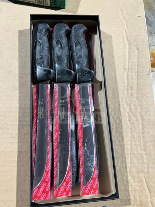 Dexter Sani-Safe Series 16" paring knives, model S104B-PCP, with black grip handles in packaging, new condition.