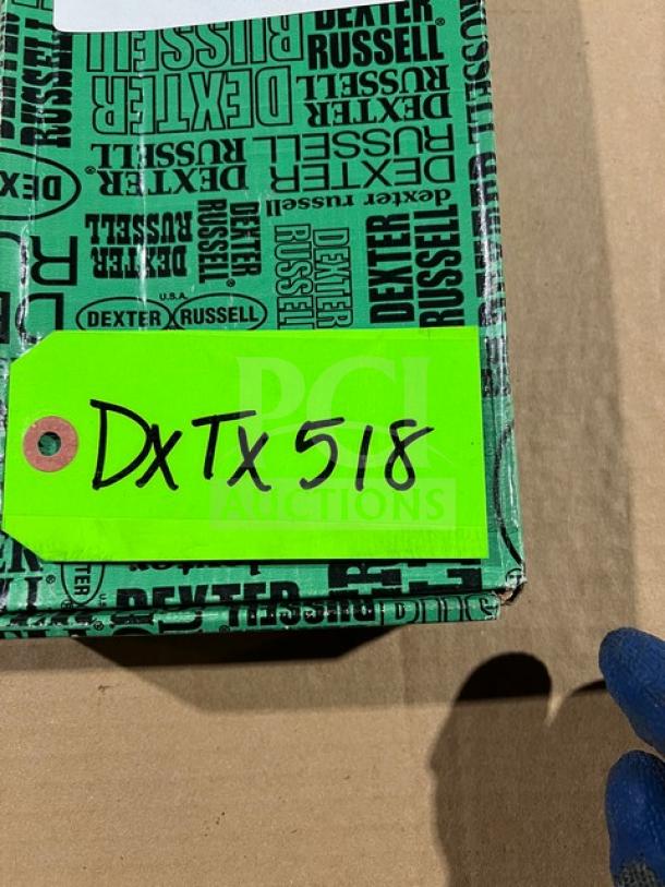 Dexter Russell Sani-Safe 3.25" paring knife in box, model S104G-PCP, with green handle. Marking: DXTx 518.