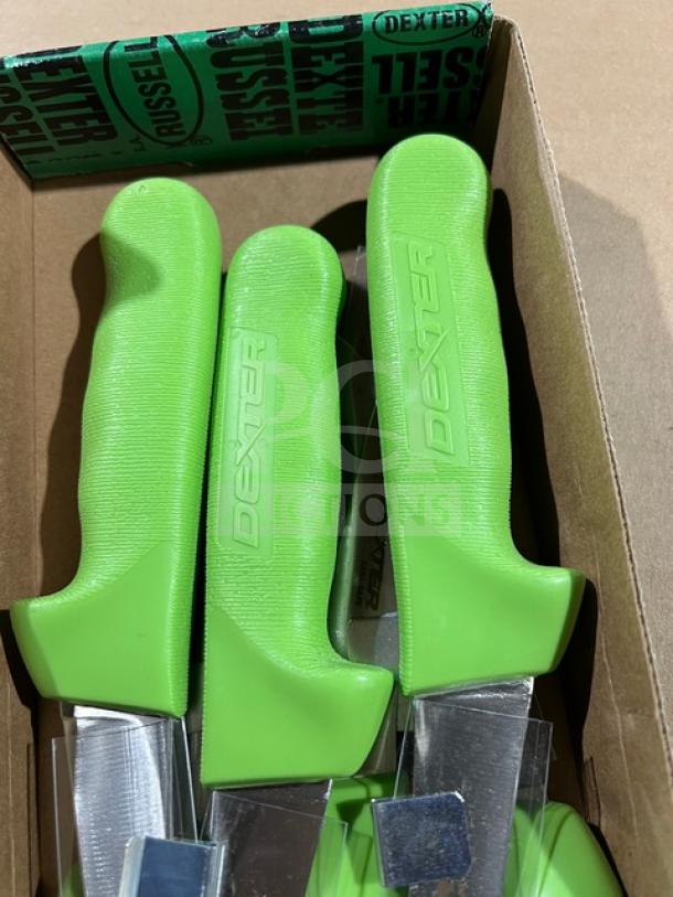 Dexter Russell S104G-PCP paring knives, 3.25" stainless steel blades, green grip handles, new condition, in box.