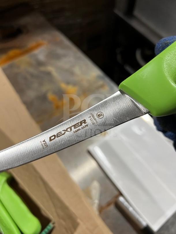 Dexter Russell Sani-Safe 3.25" paring knife, model S104G-PCP, stainless steel blade, green grip handle, new condition.