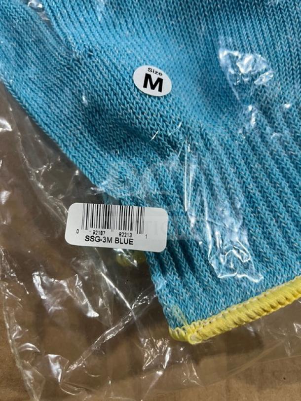 New commercial Sani Safe cut-resistant blue gloves, medium size, model SSG-3M, with barcode label visible.