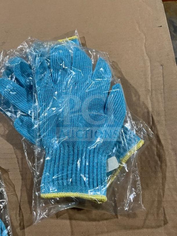 New commercial Sani Safe cut-resistant blue gloves, model SSG-3M, medium size, sealed in packaging.