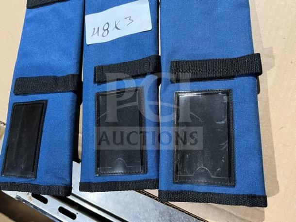 Sysco Cutlery blue knife guards, commercial grade, set of three, durable fabric with Velcro closures, item tags visible.