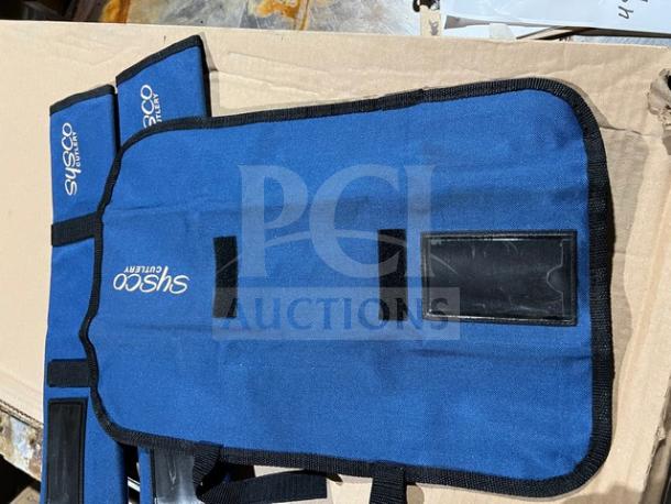 Sysco Cutlery commercial blue knife guards/sleeves, new condition, featuring logo and Velcro closures.
