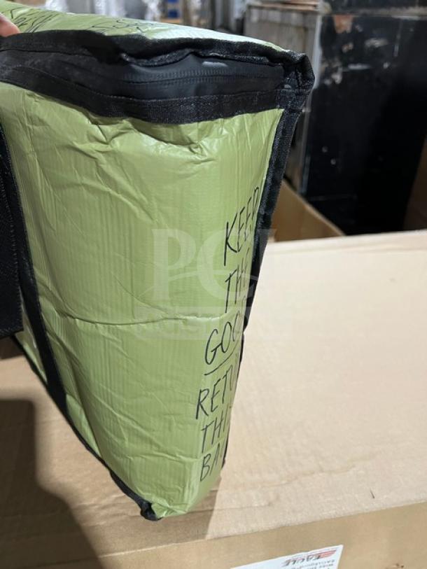 Reusable green delivery bag by The Rounds, with text "KEEP THE GOODS RETURN THIS BAG," in good condition.