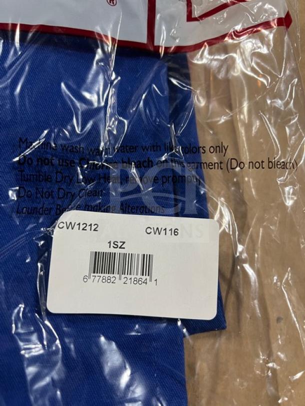Chefwear commercial blue apron, model 1SZ, new in package. Features care instructions; labeled "1SZ" with barcode.
