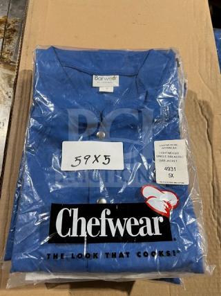 Brand new Chefwear blue 5X-size bar jacket, model 4931, polyester/cotton blend, single-breasted, packaged with tags.