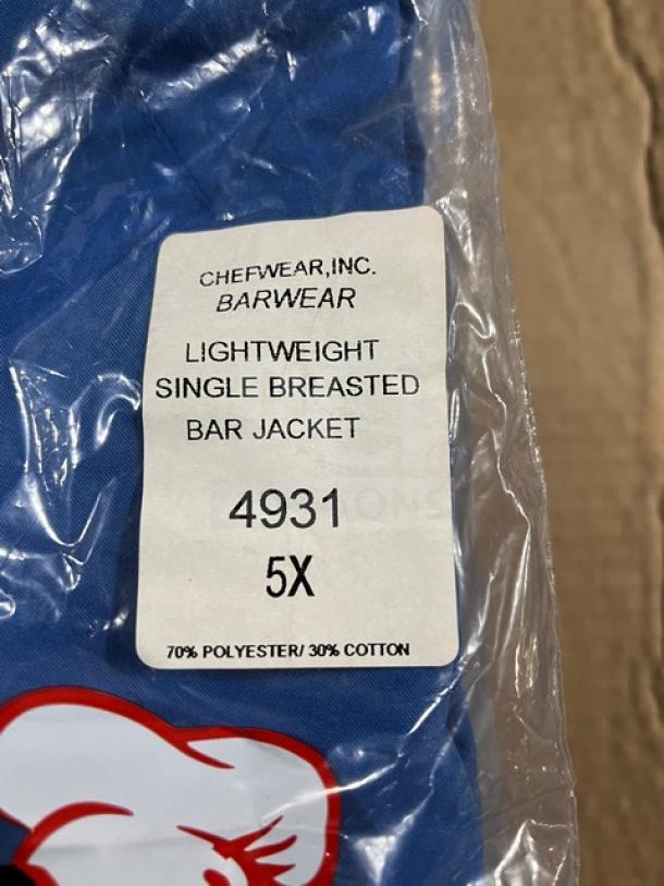 Brand new Chefwear Model 4931 blue bar jacket, size 5X, lightweight, 70% polyester/30% cotton blend, single-breasted.