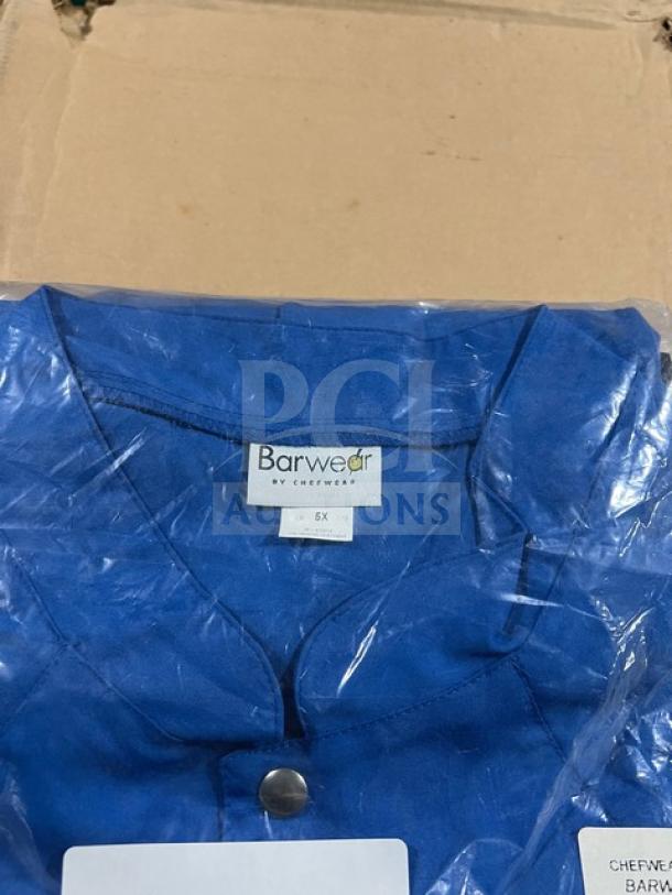 Brand new Chefwear 4931 blue bar jacket, size 5X, polyester/cotton blend, single-breasted, lightweight, tag shows 6X.