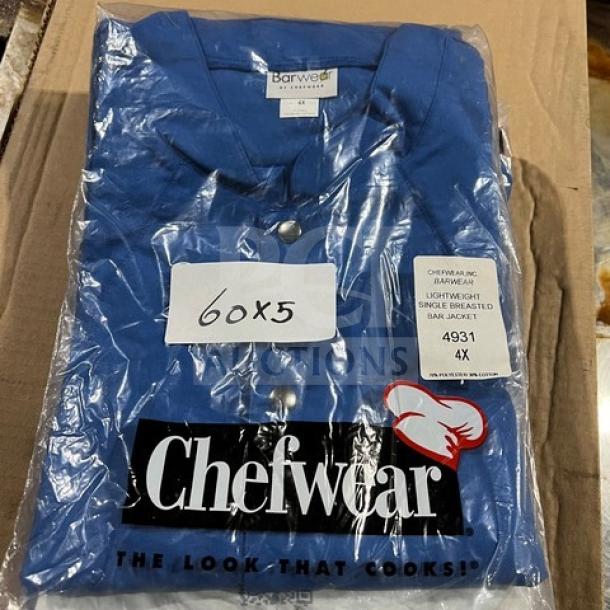 Brand new Chefwear blue polyester/cotton blend bar jacket, model 4931, size 4X, lightweight, single-breasted.