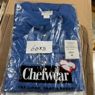 Brand new Chefwear blue polyester/cotton blend bar jacket, model 4931, size 4X, lightweight, single-breasted.