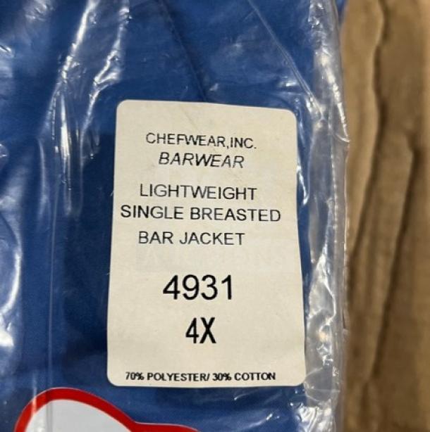 Chefwear 4931 blue bar jacket in packaging, 4X, lightweight polyester/cotton blend, single-breasted, brand new.