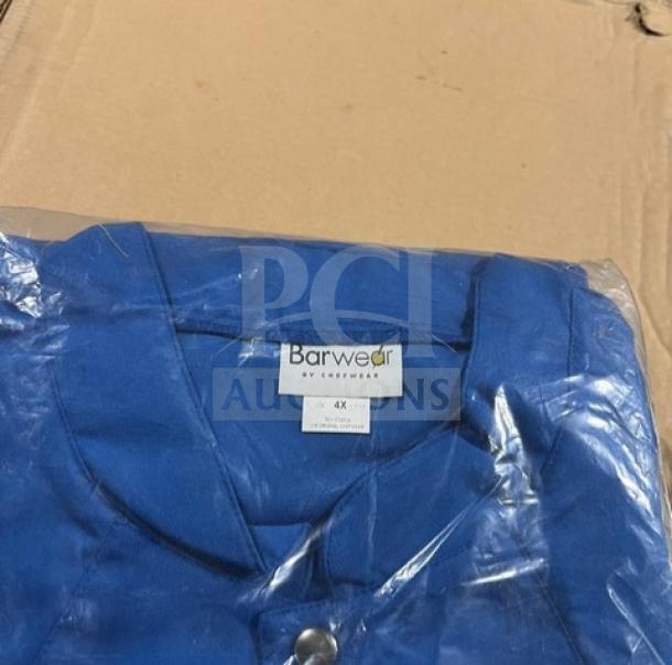 Brand new Chefwear 4931 bar jacket, blue polyester/cotton blend, size 4X, lightweight, single-breasted.