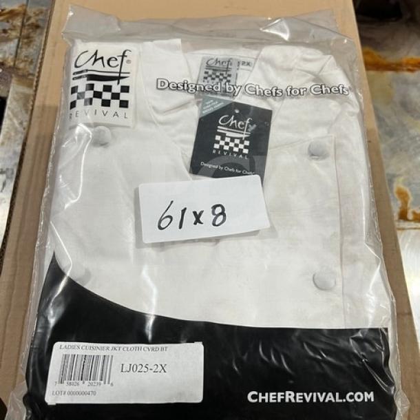 Chef Revival LJ025-2X ladies chef jacket, white polyester/cotton, 2X size, new in packaging, branded labels visible.
