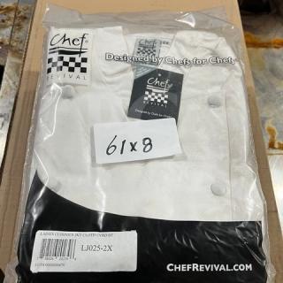 Chef Revival LJ025-2X ladies chef jacket, white polyester/cotton, 2X size, new in packaging, branded labels visible.