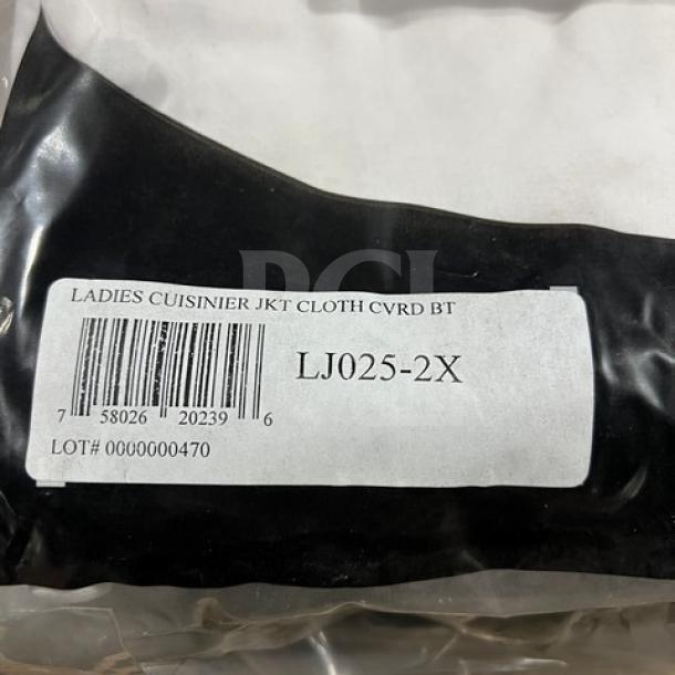 Chef Revival LJ025-2X chef jacket package with barcode and product label. New condition, polyester/cotton blend, size 2X.