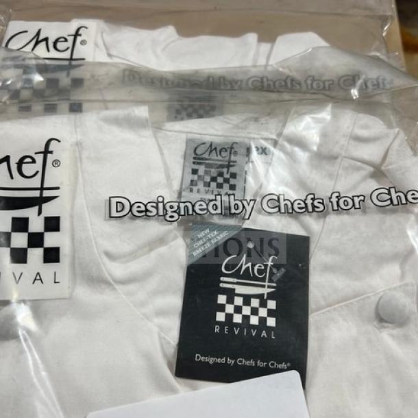 Chef Revival LJ025-2X ladies' chef jacket, white polyester/cotton blend, 2X-size, new in packaging with tags.