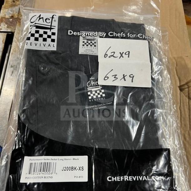 NEW Chef Revival black poly/cotton XS long-sleeve chef jacket, model J200BK-XS, in packaging with tags.