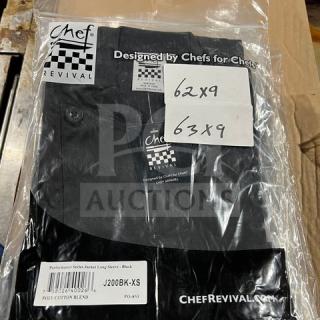 NEW Chef Revival black poly/cotton XS long-sleeve chef jacket, model J200BK-XS, in packaging with tags.