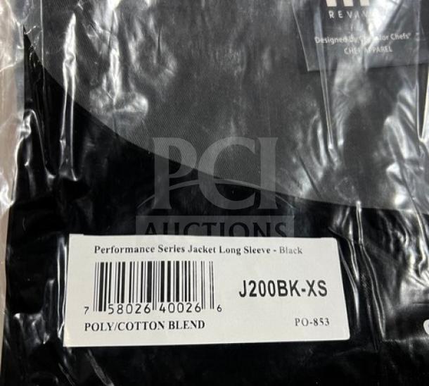Chef Revival J200BK-XS black chef jacket, XS size, poly/cotton blend, new condition. Performance Series, long sleeve.