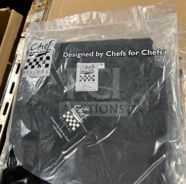 Chef Revival black XS chef jacket, model J200BK-XS, poly/cotton blend, new in packaging with logo and tags.