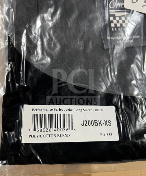 Chef Revival J200BK-XS black poly/cotton blend long-sleeve chef jacket, new condition, XS size, in sealed packaging.