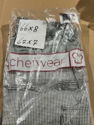 Brand new Chefwear CW3200 cargo style chef pants, size L, black and white check pattern, in original packaging.