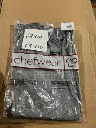BRAND NEW Chefwear CW3640 XL Cargo Style Chef Pants in package. Gray plaid, labels indicate sizes 68x10 and 69x10.