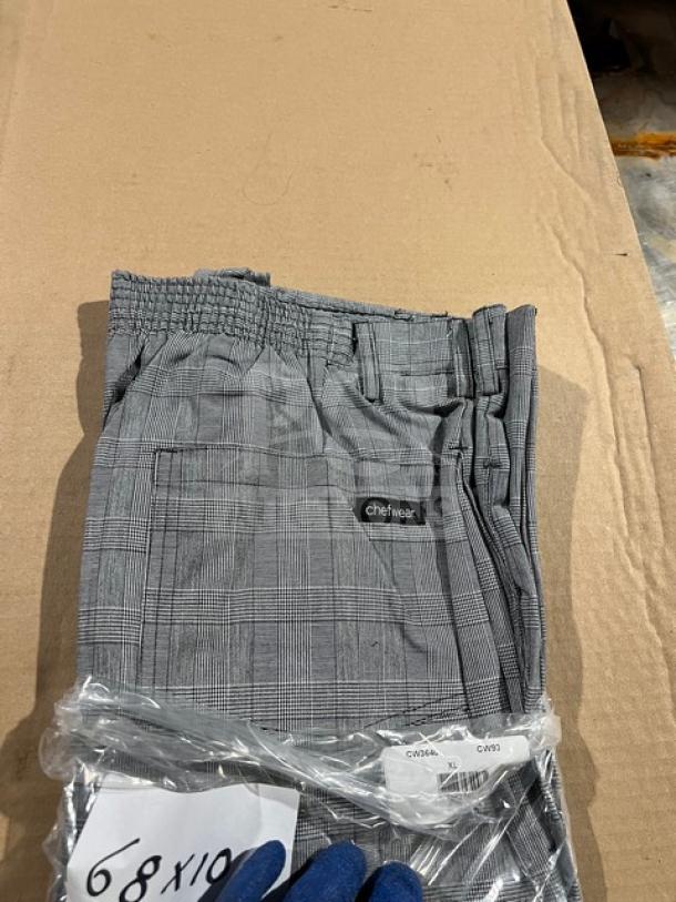 Brand new Chefwear CW3640 XL cargo chef pants, gray check pattern. Features elastic waistband, commercial-grade quality.