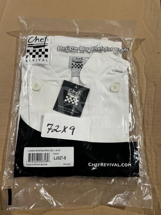 Chef Revival commercial white chef jacket, model LJ027-S, in packaging. Ladies' style, polyester/cotton blend, size S.