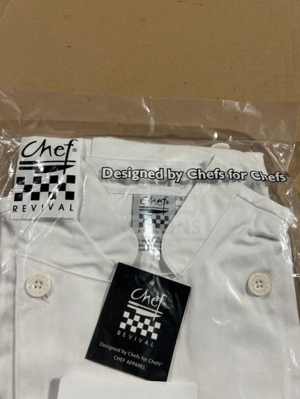 NEW Chef Revival white polyester/cotton lady's chef jacket, size S, model LJ027-S, in original packaging with tags.