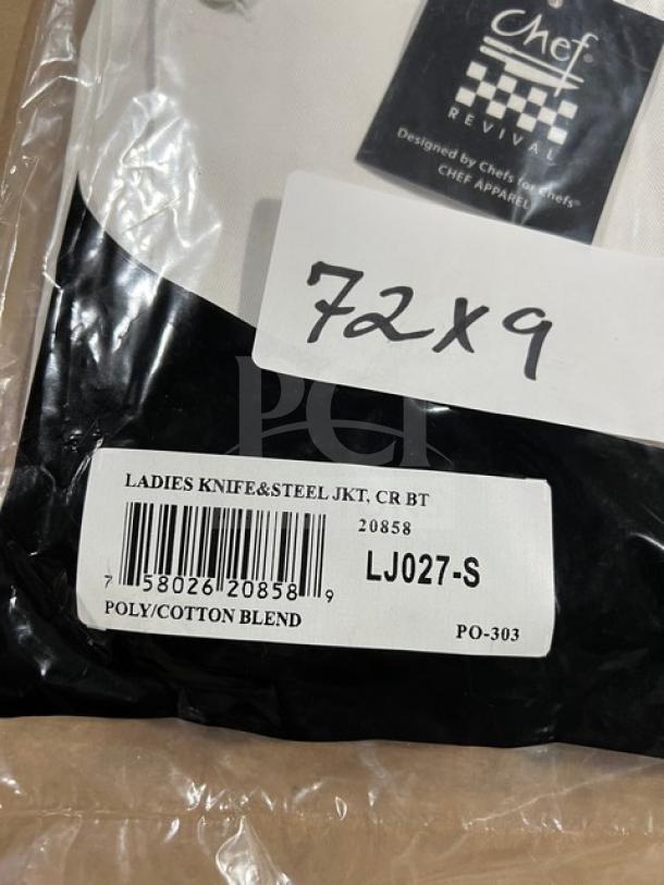 Chef Revival commercial chef jacket, model LJ027-S, in white polyester/cotton blend, new with tags. Ladies' small size.