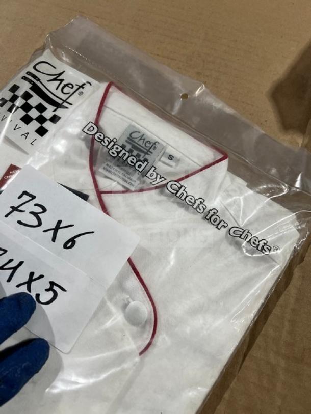 New Chef Revival white chef jacket with red piping, size M, Chefwear model CW5668-CW40, in original packaging.