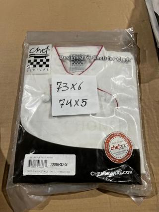 Chef Revival white chef jacket, model J008RD-S, with red piping, size M. New, packaged with label and Chefrevival branding.