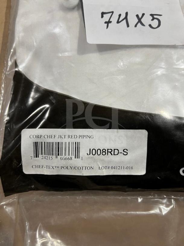 Chef Revival white chef jacket, red piping, size M, model J008RD-S. New in packaging, poly/cotton blend, barcode visible.