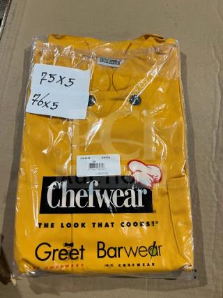 Brand new Chefwear CW114 yellow 3X barwear coat in packaging. Features branded tag and model number CW114 for auction.