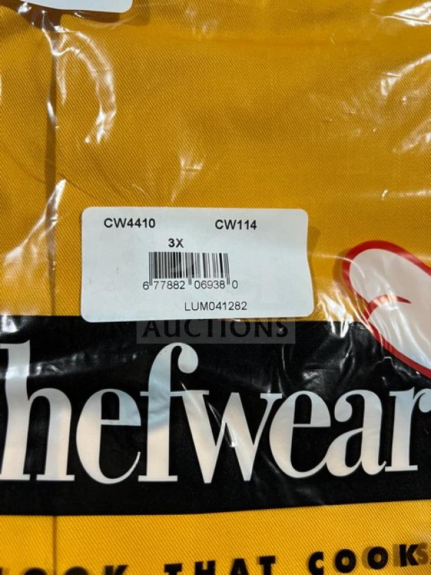 Brand new Chefwear CW114 commercial barwear/coat, yellow, 3X size, in packaging. Label shows barcode and model info.