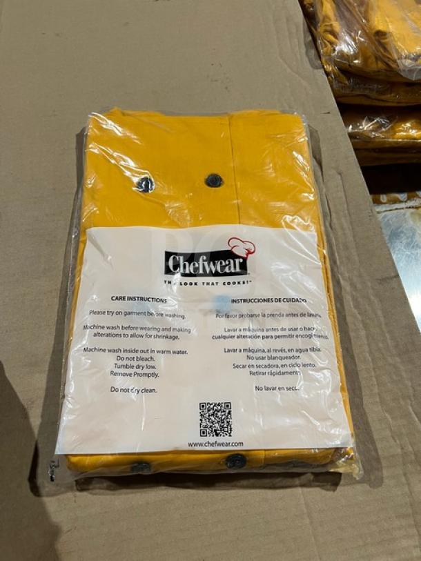 Brand new Chefwear CW114 yellow barwear coat, size 3X. Item sealed in packaging with care instructions visible.