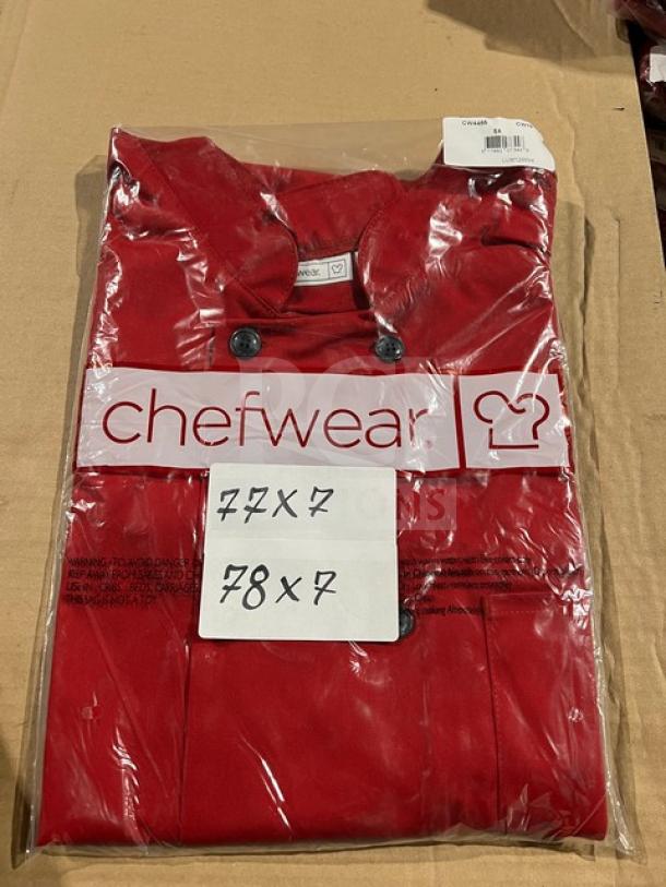 Brand new Chefwear CW78 bar shirt in red, 5X-size, polyester/cotton blend sealed in packaging.