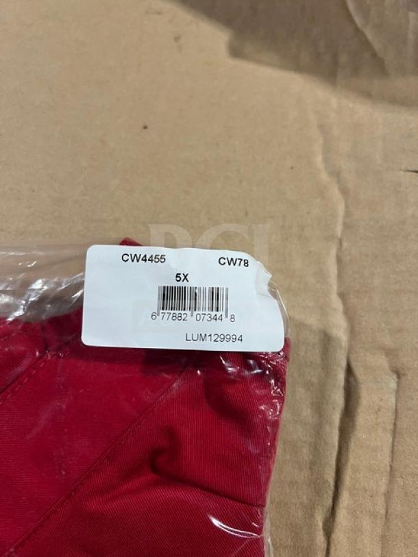 Brand new Chefwear CW78 red bar shirt, size 5X. Polyester/cotton blend, in packaging. Model number and barcode visible.