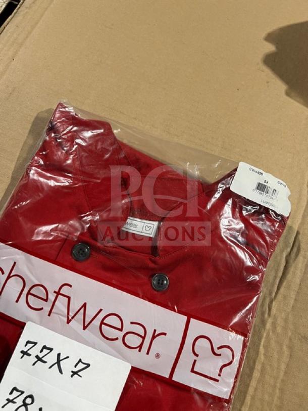 Brand new Chefwear CW78 red bar shirt in 5X size, polyester/cotton blend. Packaged with labels showing model and size details.