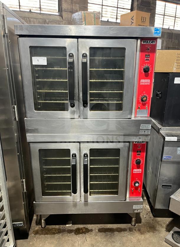 Vulcan VC4GD-10 double convection oven, stainless steel, gas-powered, Energy Star certified, with oven racks, on casters.