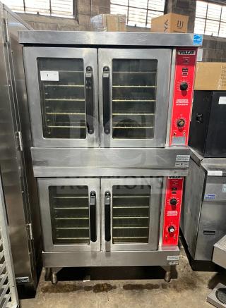 Vulcan VC4GD-10 double convection oven, stainless steel, gas-powered, Energy Star certified, with oven racks, on casters.