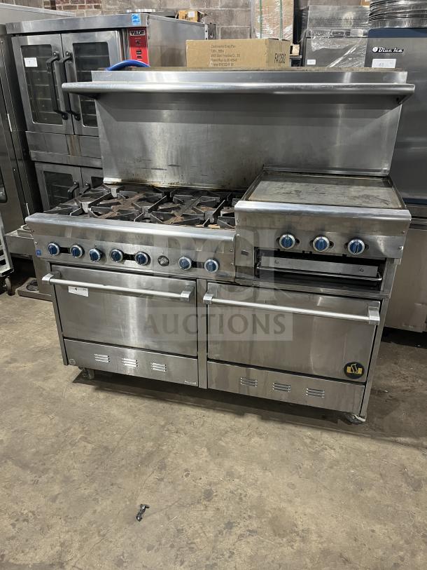 US Range stainless steel 6-burner range with split top griddle, dual ovens, backsplash, and salamander shelf, model PX-6-24BG-2626.