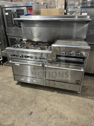 US Range stainless steel 6-burner range with split top griddle, dual ovens, backsplash, and salamander shelf, model PX-6-24BG-2626.