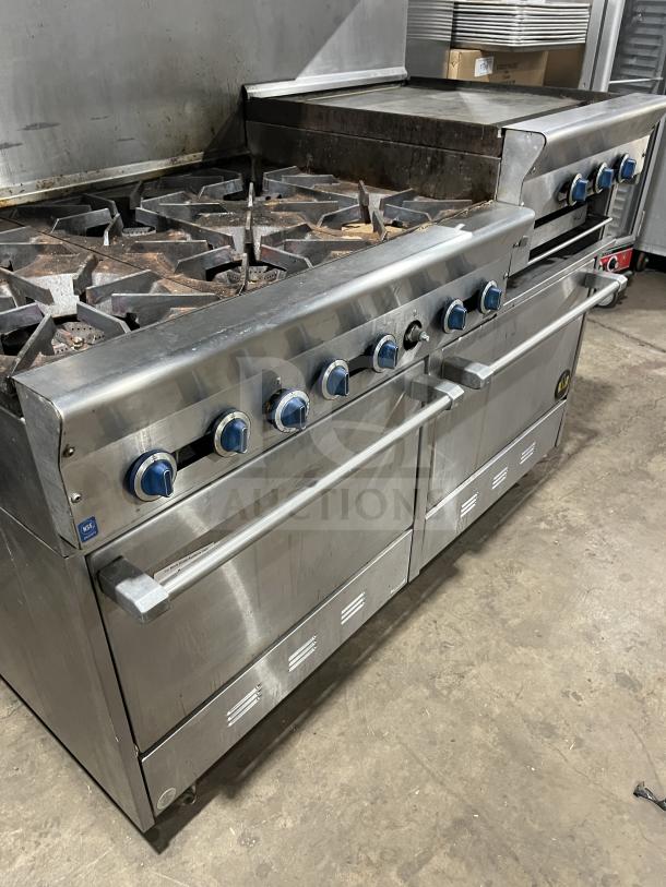 US Range PX-6-24BG-2626 commercial stainless steel 6-burner range/griddle with ovens, back splash, and salamander shelf.